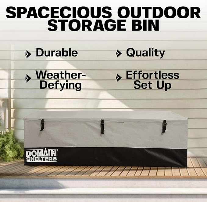 Domain Shelters 176 Gallon 6 x 2 x 2 Foot Outdoor Patio Backyard Garden Storage Container Deck Box w/Removable Weather Bars & Clip Buckles, Gray/Black