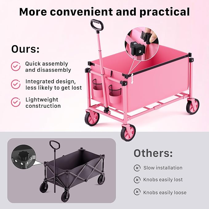 Collapsible Wagon Cart with Wheels, 150L Lightweight Foldable Utility Cart, Portable Rolling Wagon for Garden, Shopping, Sports, Camping, Transport, Pink