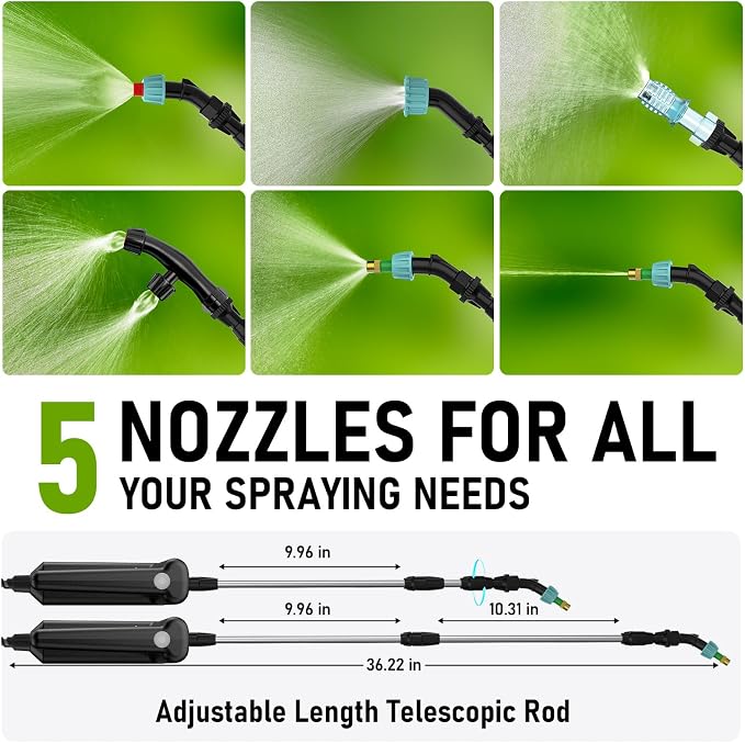 Weed Sprayer 2 Gallon, 7.4V Battery Powered Sprayer, Weed Killer Sprayers with 5 Mist Nozzles,Rechargeable Handle,Retractable Wand and Adjustable Strap for Garden, Yard,Lawn (Blue)