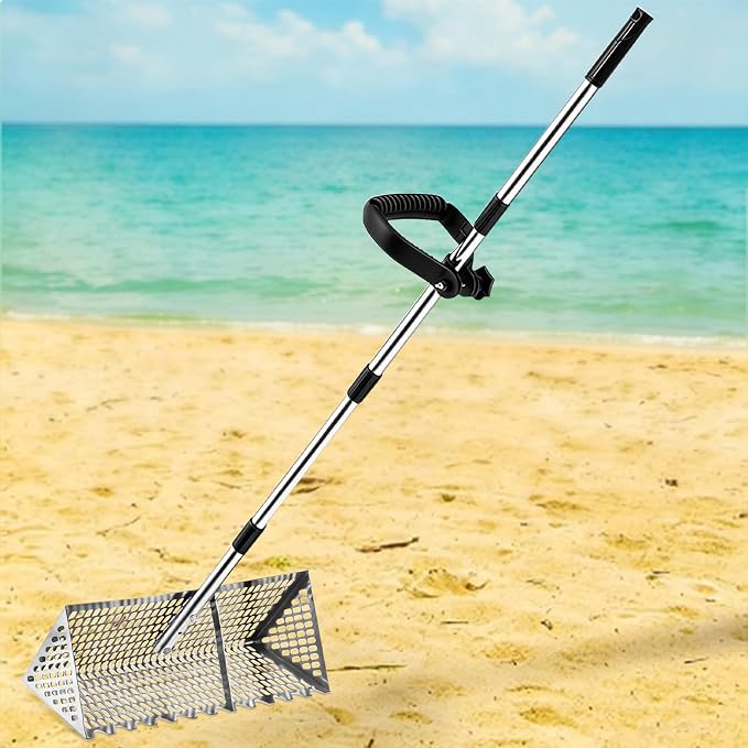 Sand Flea Rake, Sand Flea Rake Stainless Steel – 16" Wide Stainless Steel Sand Sifter for Shark Teeth, Shells & Sand Crabs, Collapsible Design with Drain Screen