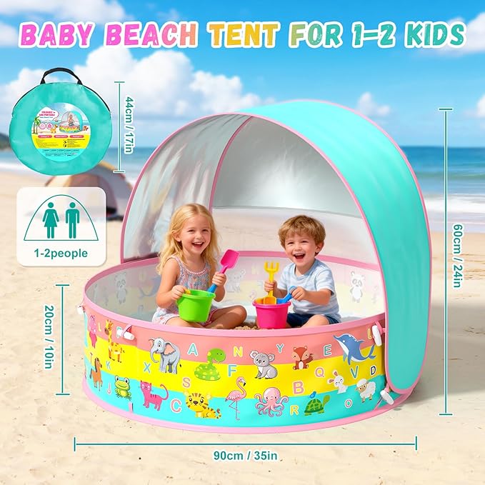 Kiddle Baby Pool with Canopy, Pop-Up Above Ground Pool, Foldable Infant Wading Pool for Toddlers 1-3, Baby Beach Tent, Portable Water Play Sum Toys for Child