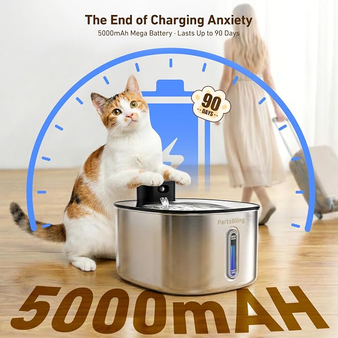 PartsBling Cordless Cat Water Fountain Stainless Steel, 4.2L/142oz Battery Operated Pet Fountain, Ultra Quiet Water Dispenser Cats&Dogs, 5000mAh Rechargeable, Easy to Clean, Includes 4 Filters, Black