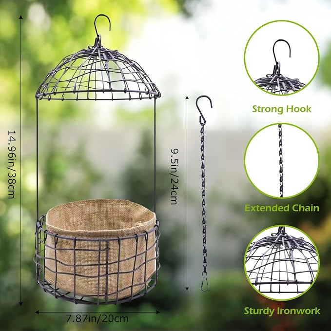 15 Inch Hanging Birdcage Planter – Black Metal Wire Hanging Basket for Flowers, Ideal for Garden, Porch, Patio, or Home Decor