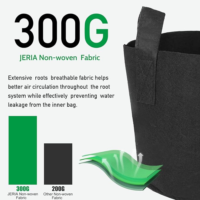 JERIA 12-Pack 15 Gallon Grow Bags, 300G Thickened Nonwoven Garden Pots,Heavy Duty Fabric Pots with Reinforced Handles