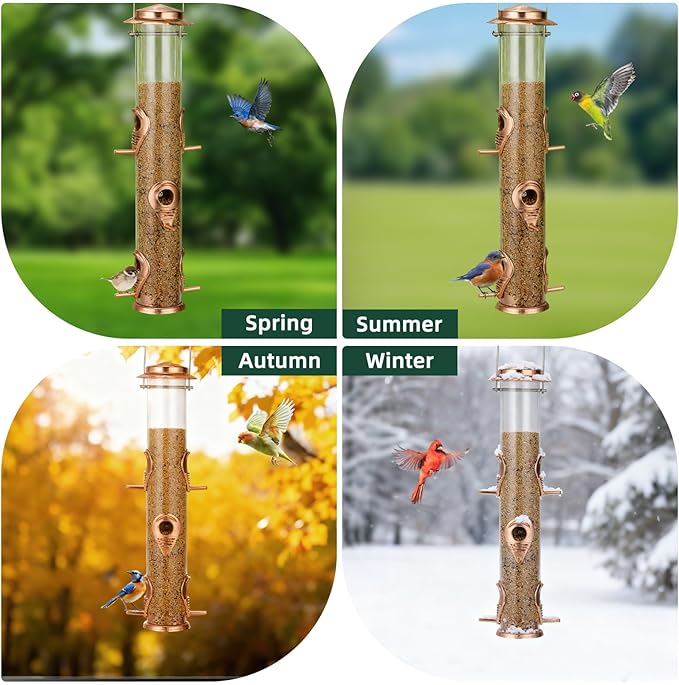 ERYTLLY Metal Bird Feeders 6 Port Tube Bird Feeder for Wild Birds, 1.4mm Extra Thick Solid Tube Transparent with Steel Hanger for Outside