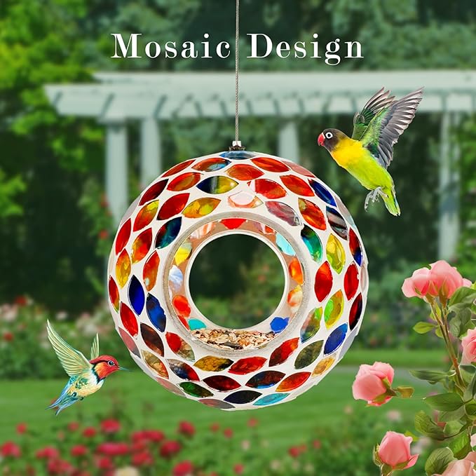 Glass Bird Feeders for Outdoor Hanging, Mosaic Fly Through Wild Bird Feeder Round Shape Birdfeeder for Outside Garden Yard Patio Decoration Red