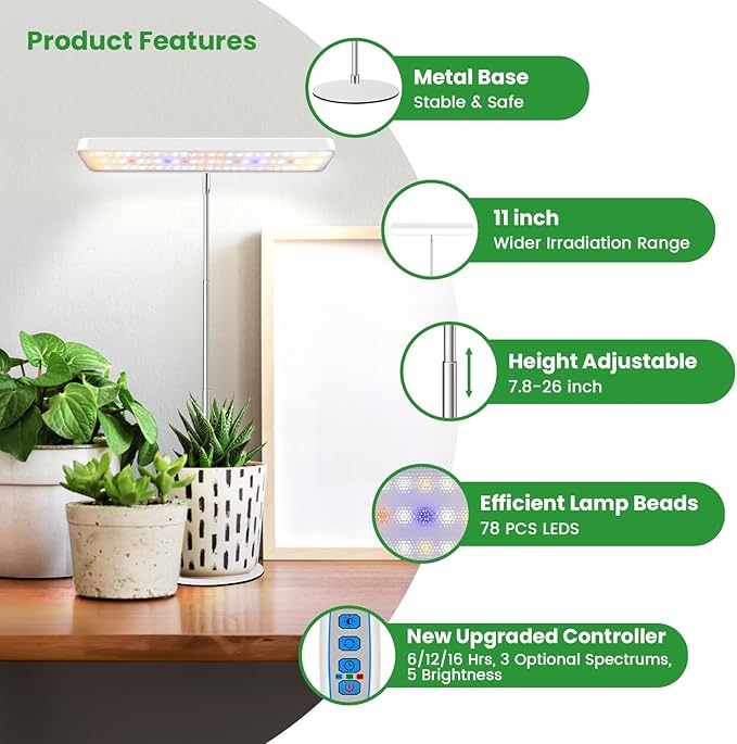 Wiaxulay Grow Lights for Indoor Plants, 78 LEDs Full Spectrum Plant Grow Light, Desk Grow Light with Auto Timer 6/12/16 Hrs, 3 Lighting Modes, 5 Dimmable Levels, Height Adjustable 7.8"-26", 3 Pack