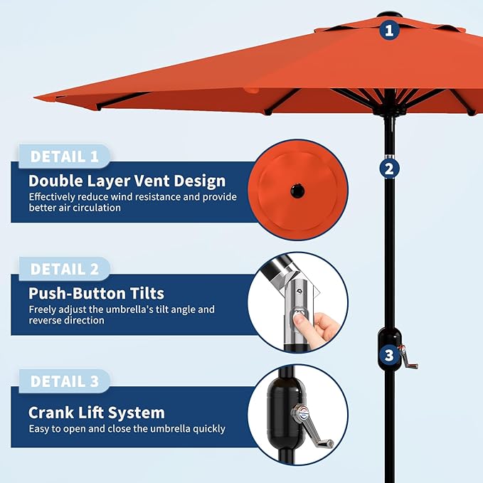 Garvee 10 ft Outdoor Patio Umbrella 8 Sturdy Ribs Outdoor Table Umbrella with Crank Lift & Push Button Tilt - UV Protection Waterproof Market Umbrellas for Pool, Deck, Yard, Garden, Orange