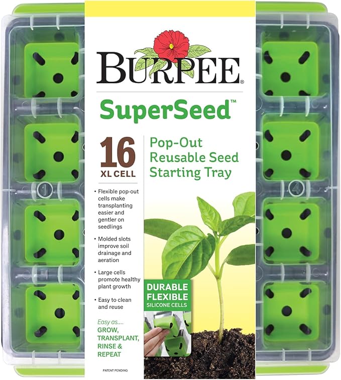 Burpee Greenhouse Indoor Starting Herbs, Flowers and Vegetables & SuperSeed Seed Starting Tray | 16 XL Cell | Reusable & Dishwasher Safe