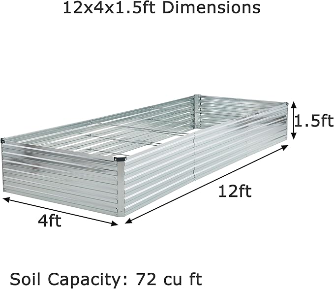 Foxlang 12x4x1.5ft Galvanized Raised Garden Bed,Outdoor Planter Box Metal Patio Kit Planting Bed for Vegetables Flowers Herb,Silver