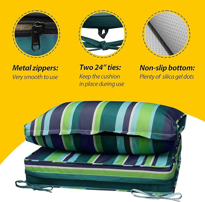 AAAAAcessories Outdoor Seat Cushions for Chairs, Fade-Resistant, Waterproof Patio Furniture Replacement Cushions, 23.5" x 25.5" x 5" + 23.5" x 13.5", Stormy Teal Coastal Stripe