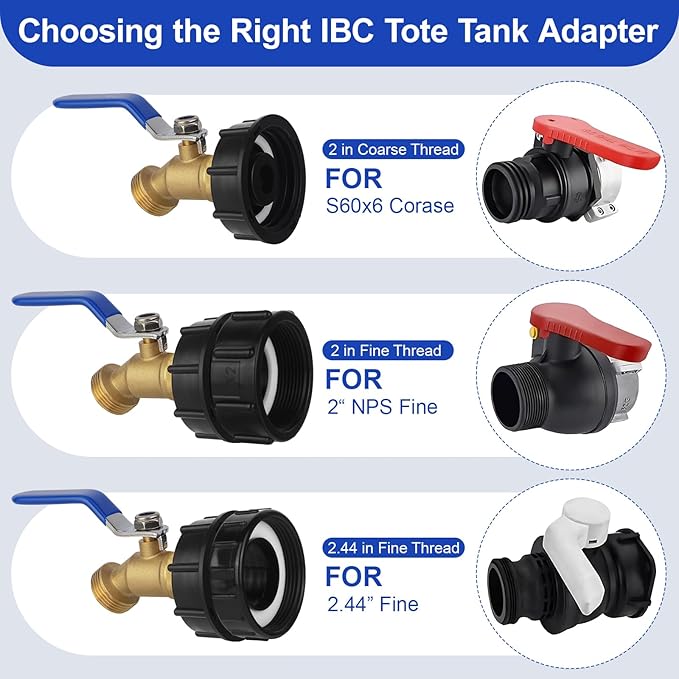 275-330 Gallon IBC Tote Hose Adapter,3-Size IBC Tote Adapter, 2.44" Fine、2 "Fine, and 2" Coarse Thread,3/4" Male NPT Inlet ×3/4" Male GHT Brass Hose Faucet Garden Hose Connector
