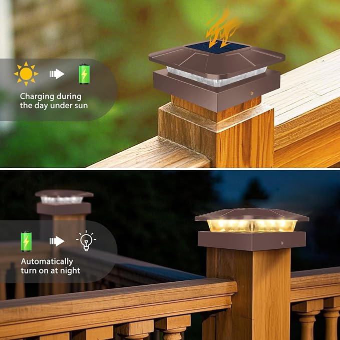 Peasur 16 Packs 4x4 Post Solar Lights 3 Lighting Modes, Brown Solar Powered Cap Lights Fits 4×4/3.5×3.5 Wood/Vinyl Posts, Waterproof Post Top Light Outdoor for Fence Deck Mailbox Porch Railing