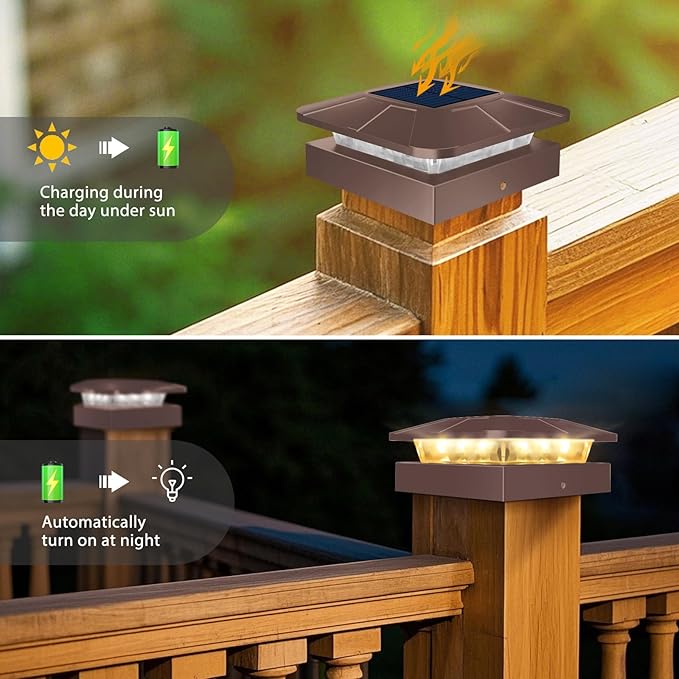 Peasur 4x4 Solar Post Cap Lights Outdoor with 3 Lighting Modes, 4 Packs Brown Fence Caps Light Fits 4×4/3.5×3.5 Wood/Vinyl Posts, Waterproof Post Top Lighting for Deck Mailbox Porch Railing