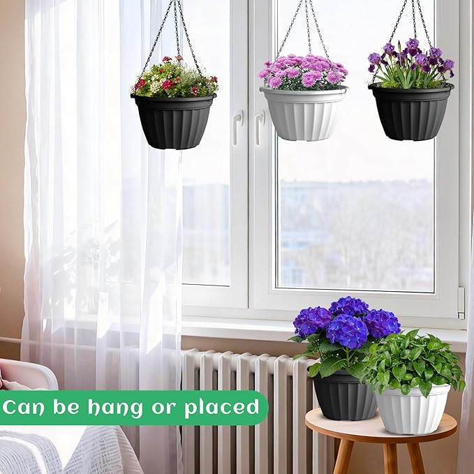 FGstyle Outdoor Plastic Hanging Pot 6 Pcs 10 inch Black and White