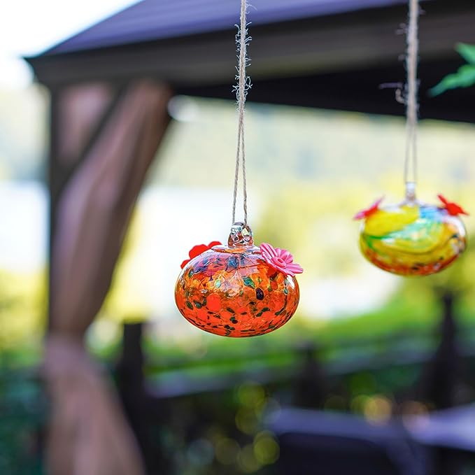 Set of 2 Hummingbird Feeders for Outdoors Hanging 3.2in Small Blown Glass Humming Bird Feeder for Window Humming Bird Feeders with 2 Flower Feeding Ports Decor for Outside Garden