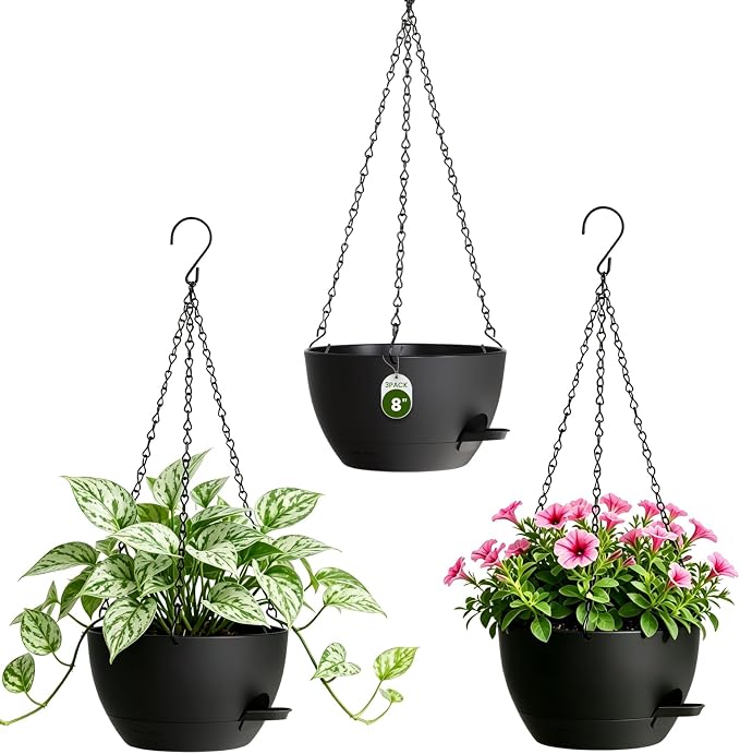 8 Inch Self Watering Hanging Planters, 3 Pack Plastic Plant Pots | Sturdy lightweight pot with side watering lip, drainage holes, snap-on detachable tray & hanging chain for easy care