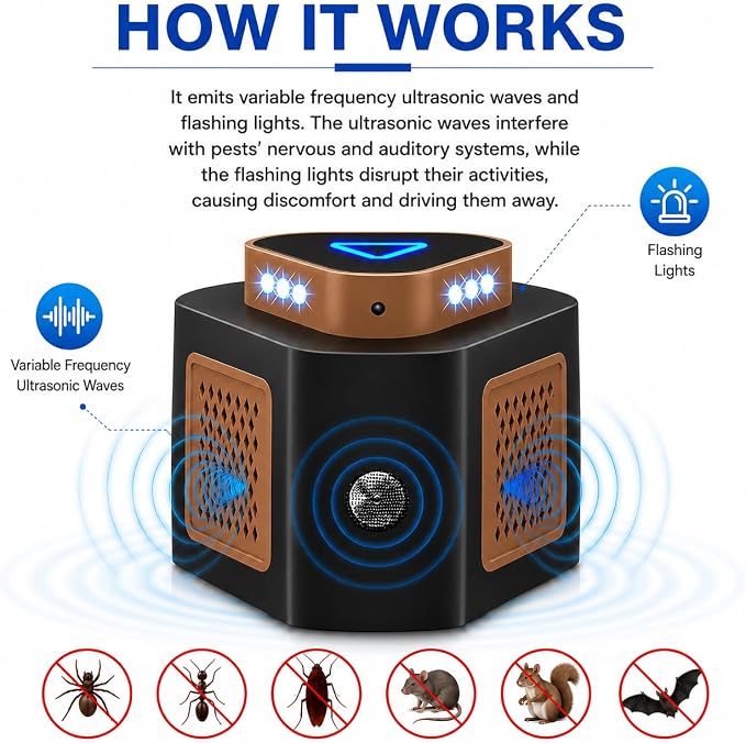 Tirgo Mouse Repellent Ultrasonic Plug in, Ultrasonic Pest Repeller Indoor, 360° Ultrasonic Rodent Repeller with 4-Modes & LED Strobe Light for Home, Attic, Basement, Garage and Warehouse