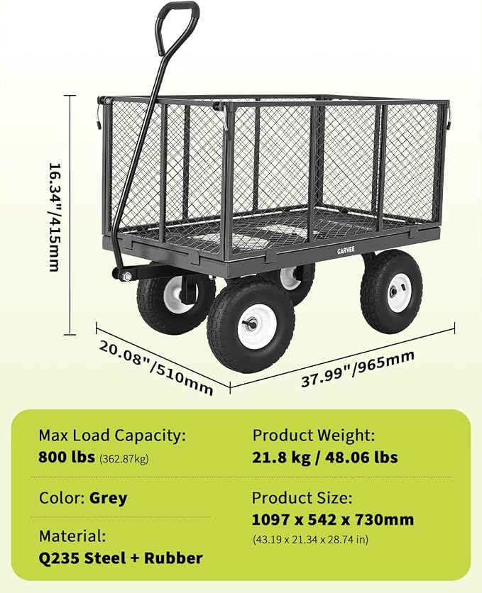 Garvee Versatile Outdoor Utility Cart-800LBS Heavy-Duty, 10" All-Terrain Pneumatic Tires, Easy Maneuverable Lawn Cart with Removable Mesh Panels for Gardening&Landscaping, Grey, with Waterproof Liner
