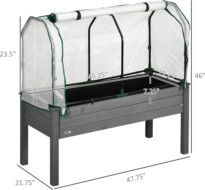 Outsunny Raised Garden Bed with PE Greenhouse Cover Outdoor Elevated Wood Planter Box for Herbs and Vegetables, Use for Patio, Backyard, Balcony, 48 x 22 x 46 inch, Dark Gray