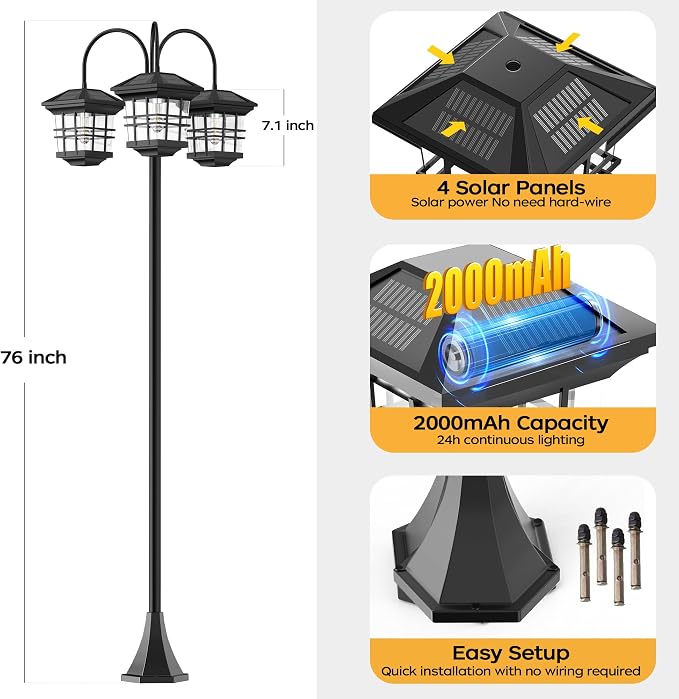 76" Classic Black Solar Lamp Post Lights - 3-Head Waterproof Outdoor Street Lights, Pole Light Decorative Lamp for Backyard, Garden, Driveway, Lawn (LED Bulbs Included)