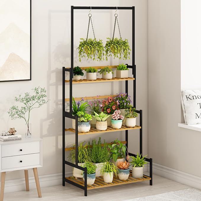 Ufine Bamboo Hanging Plant Stand 3 Tier Ladder Shelf with Hanging Rod | Height Adjustable Flower Pot Display Organizer for Balcony Porch Living Room