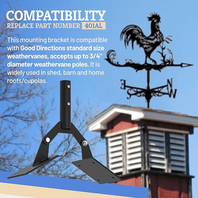 Adjustable Weathervane Roof Mount, 401AL Sturdy Mounting Bracket Fits Good Directions Standard Size Weathervane Pole Up to 3/4" Diameter