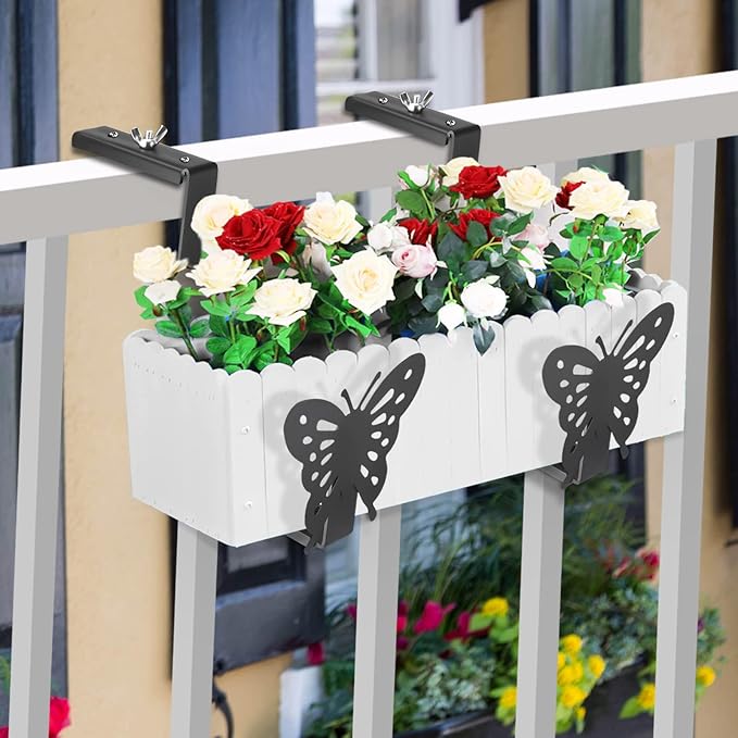 VIVIKEN Planter Box Bracket, Adjustable Hang Window Box Holder with Butterfly, Hanging Flower Pot Stand Brackets for Outdoor Patio Garden Fence Pergola Balcony Supporting Heavy Planters-4Pack