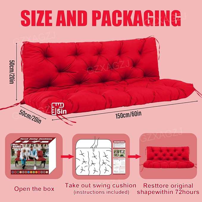 Porch Swing Cushions Outdoor 60 inch Waterproof Thicken 5" Swing Cushions Replacement with Backrest and Ties for Outdoor Furniture Porch Patio Garden Lawn (Bright red)
