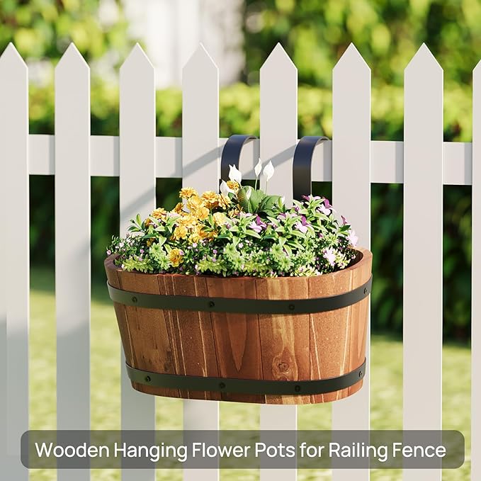 2pcs Railing Planter Boxes Wood Hanging Flower Pots for Railing Fence Outdoor Balcony Planters for Wall Window Flower Box Hanging Bucket Pots Countryside Plant Holder (Brown,2pcs,Small)