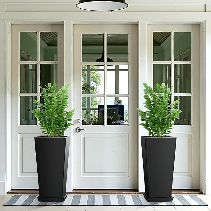 24in Tall Planters Set of 2 with Saucers, Black Classic | Built-in drainage system, Durable composite plastic, Fade-resistant design, Weather Resistant, Patio & porch decor