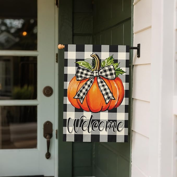 Fall Pumpkin House Flag 28x40 Inch Welcome Autumn Harvest Theme Thanksgiving Buffalo Plaid Decorative Yard Flags for Outside Double Sided Outdoor Home Farmhouse Decoration Porch Decor