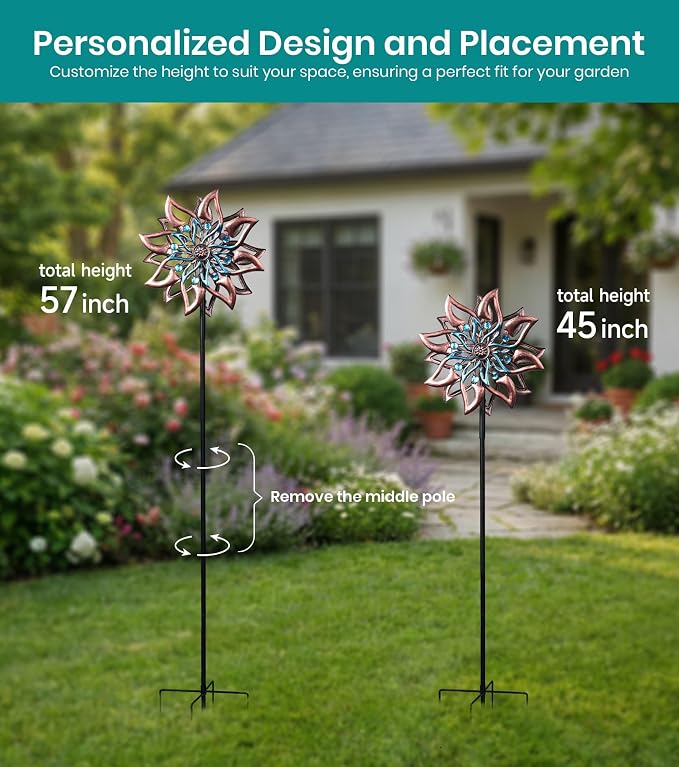 Dahlia Wind Spinner Metal Kinetic Garden Yard Windmill Outdoor Decor | Hand-Crafted Art, Copper & teal dahlia metal spinner, Whisper-quiet dual rotation, Stable ground stake