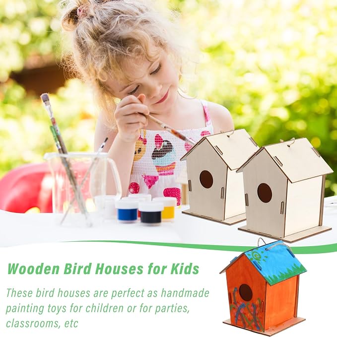 DoubleFill 48 Pcs 4.33" Wooden Bird Houses Crafts Kit for Kids DIY Unfinished Hanging Birdhouse for Art Painting Wood Toys Boy Girl Class Back to School Classroom Project Parties Creative Activity