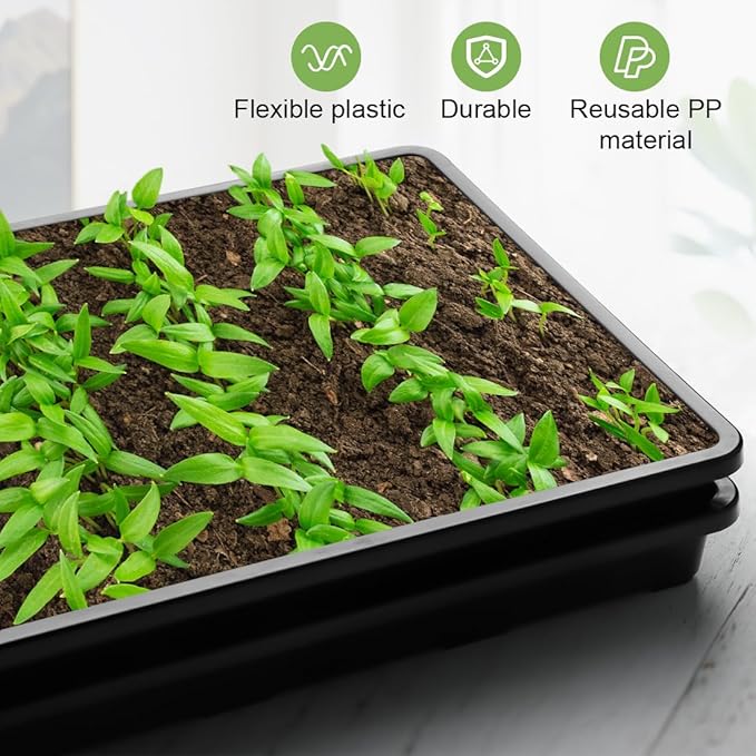 RooTrimmer 10 Pack Nursery Pots Trays (17"x11"x2"), Plastic Flat Seed Starter Trays, Durable Carrying Seedling Starter Tray, Reusable Tray for Planting and Collecting Drainage Water (Black)