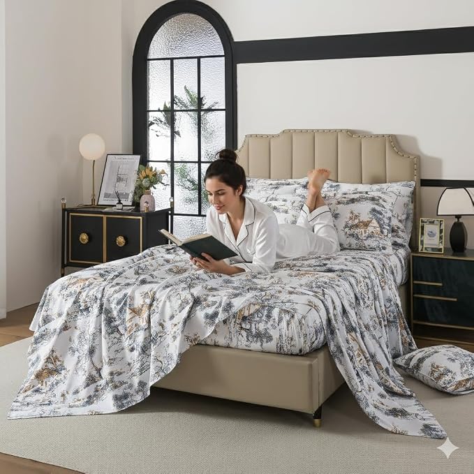 FADFAY Toile Sheets Set Full 100% Egyptian Cotton French Country Toile de Jouy Bedding Classic Black and Gold Floral Bed Sheets Shabby Farmhouse Bedding Breathable Soft Deep Pocket 4Pcs, Full Size
