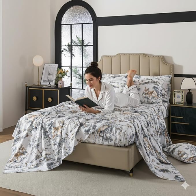 FADFAY Toile Sheets Set Cal King 100% Egyptian Cotton French Country Toile de Jouy Bedding Black and Gold Floral Bed Sheets Shabby Farmhouse Bedding Breathable Soft Deep Pocket 4Pcs, California King