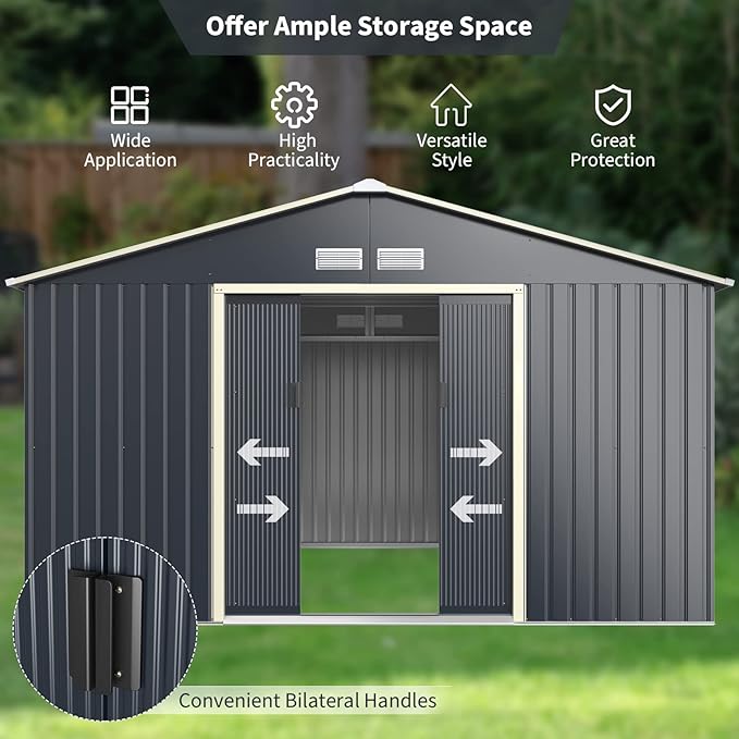 Goplus Storage Shed, Metal 11’ X 10’ Outdoor Building Organizer with 4 Vents & Double Sliding Door for Garden Backyard Farm (11'X10')