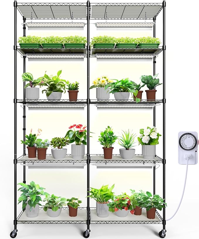 Barrina CX1 Plant Stand with Grow Lights for Indoor Plants, 5-Tier Large Tall Metal Plant Shelf with 1.6FT 160W Full Spectrum Plant Lights for Indoor Growing, 47x13.8x70.9IN