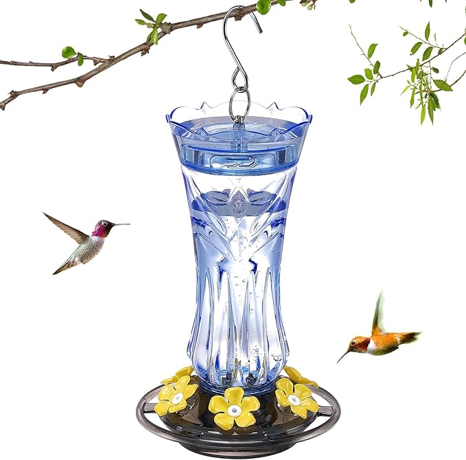 Jealoeur Hummingbird Feeder for Outdoors Hanging, 18 OZ Humming Birds Feeders with 6 Bee Guard Feeding Ports & Built-in Ant Moat, Easy to Clean, Durable Outdoor Garden Decor, Blue