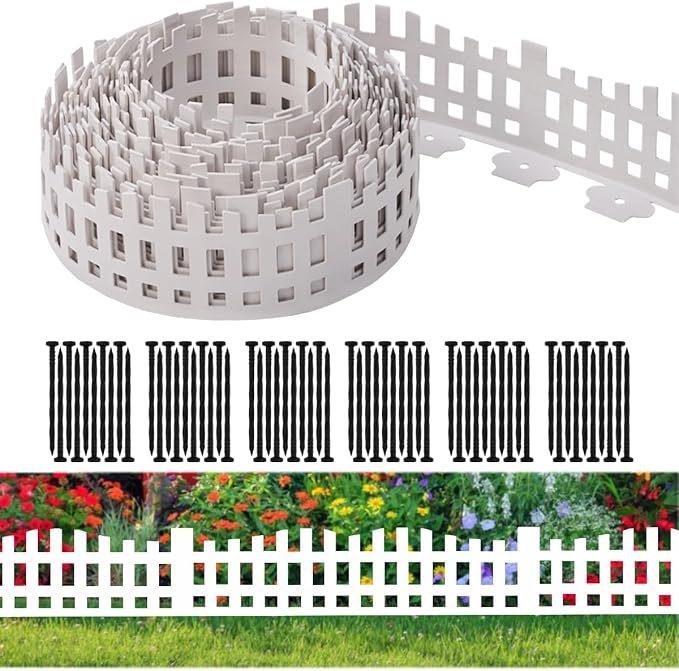 Garden Edging 33FT x 4.1~4.9IN Tall, Landscape Edging Borders with 60pcs Plastic Stakes,Arched Design White Flexible Lawn Edging Border, No Digging Edge Fence DIY for Tree Flowerbeds Grass Yard