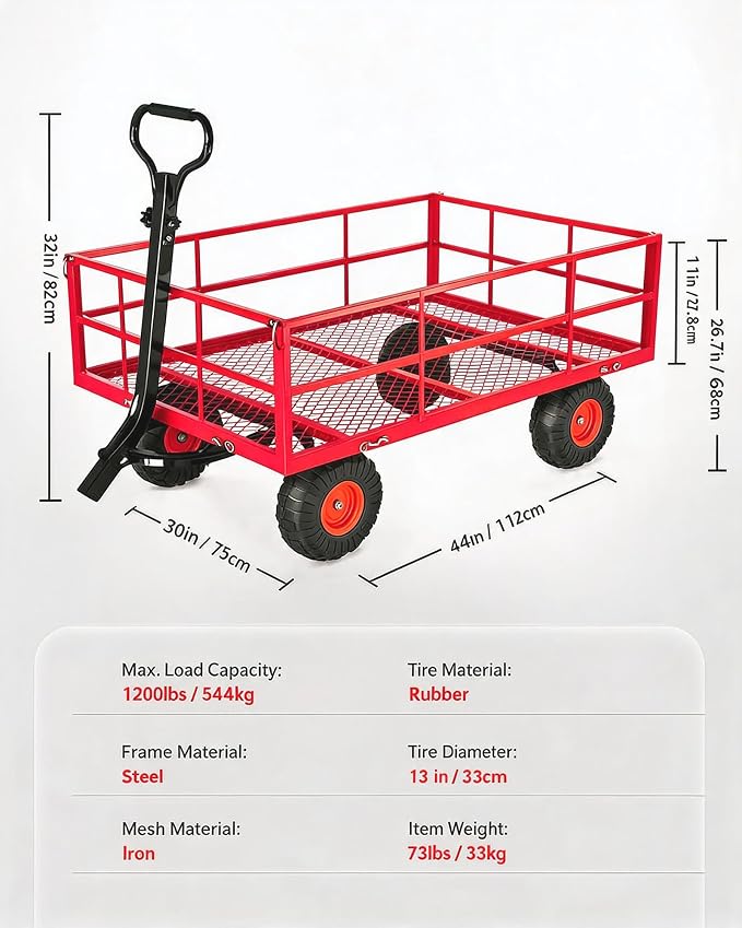 Garvee Steel Garden Cart, 1200 LBS Capacity Utility Outdoor Wagon, Heavy Duty Mesh Garden Wagon with Removable Sides, 2-in-1 Handle, 13" Tires for Yard, Lawn, Garden