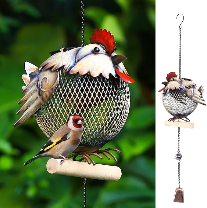 Solar Rooster Bird Feeder Squirrel Proof for Outside - Unique Cute Metal Animal Shaped Wild Bird Feeder with Solar Light, Wind Chime, Gift for Bird Lovers(Rooster)