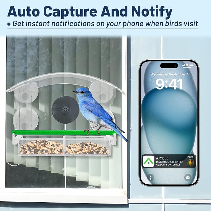 Window Bird Feeder with Camera, 1080P HD Birds Feeder with Night Vision, Real-Time APP Control, Weatherproof Clear Acrylic Birdhouse for Window, Bird Watching Gifts for Nature Lovers