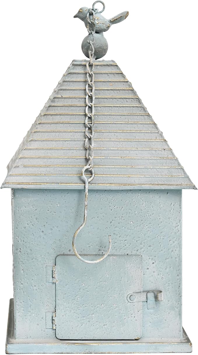 Distressed White Hanging Birdhouse with Home Emblem, Rustic Farmhouse Decorative Bird Nest Box for Outdoor Garden, Patio, Yard, Weathered Bird Shelter for Small Birds (Blue)