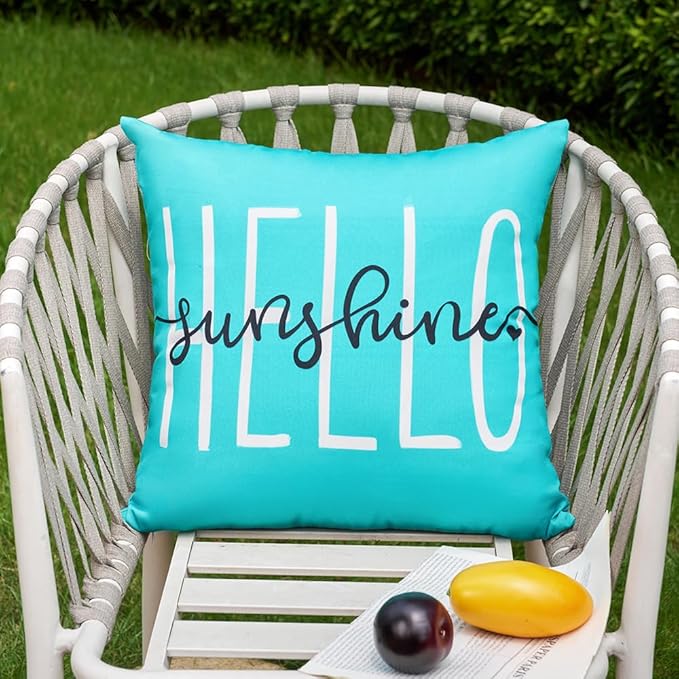 DFXSZ Outdoor Pillow Covers 18x18 Inch Set of 2 Hello Sunshine Decor Blue Green Waterproof Throw Pillow Covers Summer Outdoor Waterproof Pillow covers Decor for Patio Funiture Garden Sofa Couch 020D18