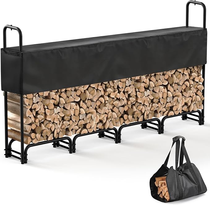 8FT Firewood Rack with Cover Outdoor, Heavy Duty Wood Storage Rack with 600D Oxford Waterproof Adjustable Cover for Fireplace, Patio, Deck, 1/2 Cord Log Holder with Firewood Carry Bag