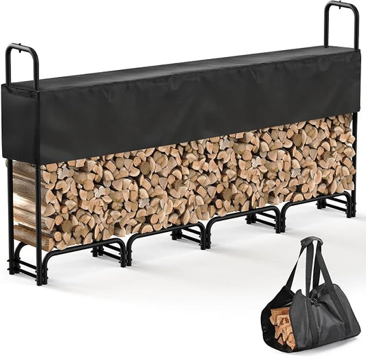 8FT Firewood Rack with Cover Outdoor, Heavy Duty Wood Storage Rack with 600D Oxford Waterproof Adjustable Cover for Fireplace, Patio, Deck, 1/2 Cord Log Holder with Firewood Carry Bag