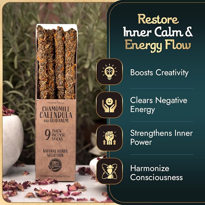 Sagrada Madre Chamomile Incense Sticks - 9 Extra Long Rods for Abundance, Peace, Love & Protection - Infused with Natural Calendula, Frankincense & Essential Oils - 50-Minute Burn Time for Meditation