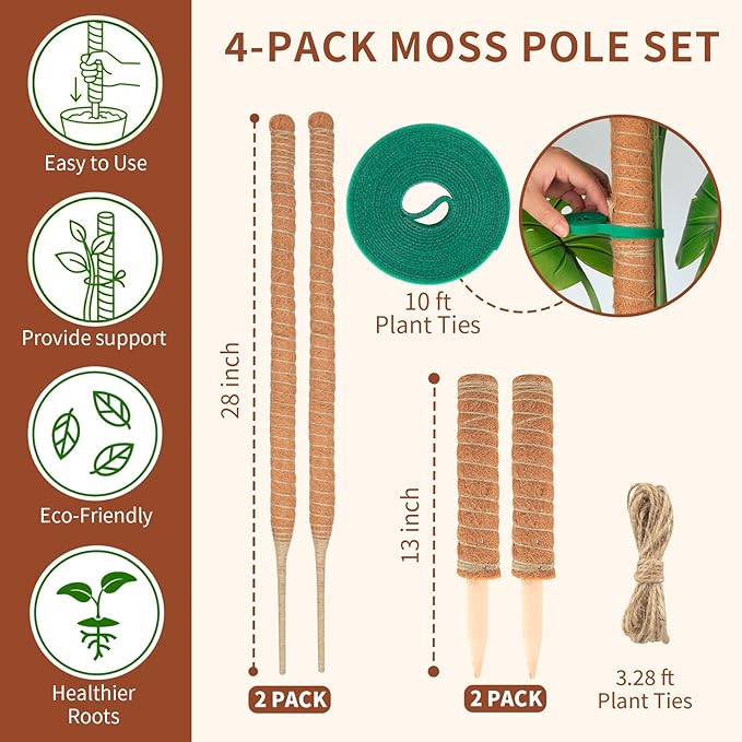 28'' Bendable Moss Poles & 12'' Stackable Coir Plant Sticks for Monstera | 4 Pack Plant Stakes for Indoor Plant, Moss Pole for Climbing Plant Coconut Fiber Holds Moisture, Ideal for Aerial Root Growth